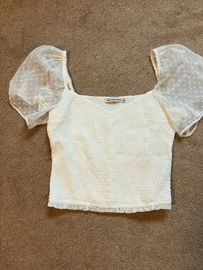 Abercrombie & Fitch Cream Smocked Crop Top with Sheer Puff Sleeves